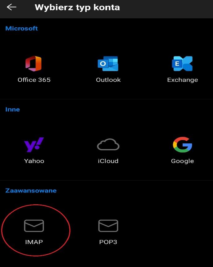 Wybór typu konta IMAP
